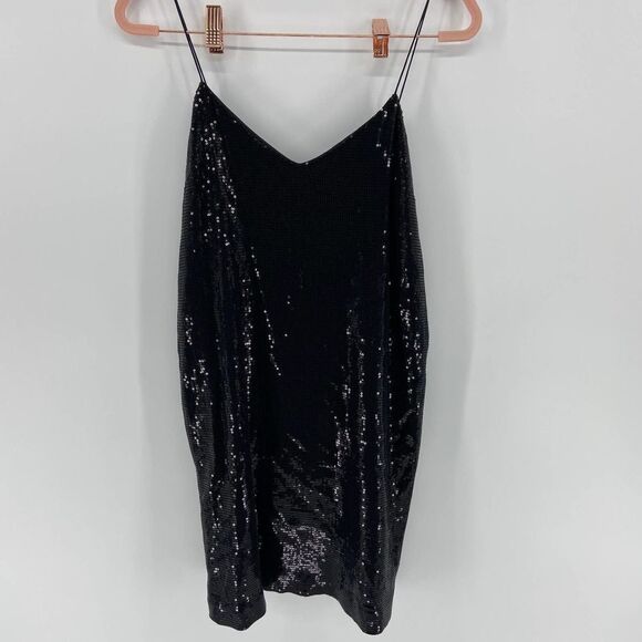 Tibi Black Party Sequined Spaghetti Strap Mini Slip Dress womens 4 - Picture 2 of 5